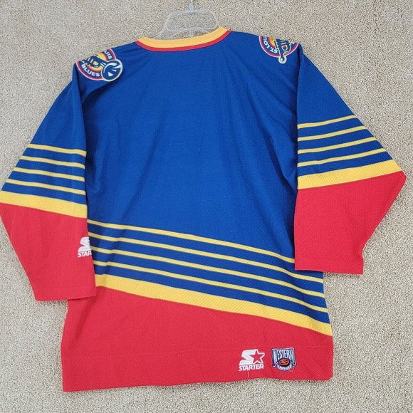 VINTAGE ST LOUIS BLUES NHL STARTER Large/XL Long Sleeve Patches Jersey V-Neck - Picture 6 of 11